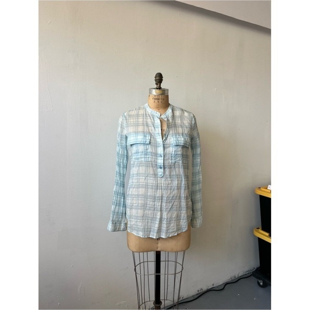 Vince Womens Cotton Blue White Plaid Long Sleeve Henley Top Band Collar Small